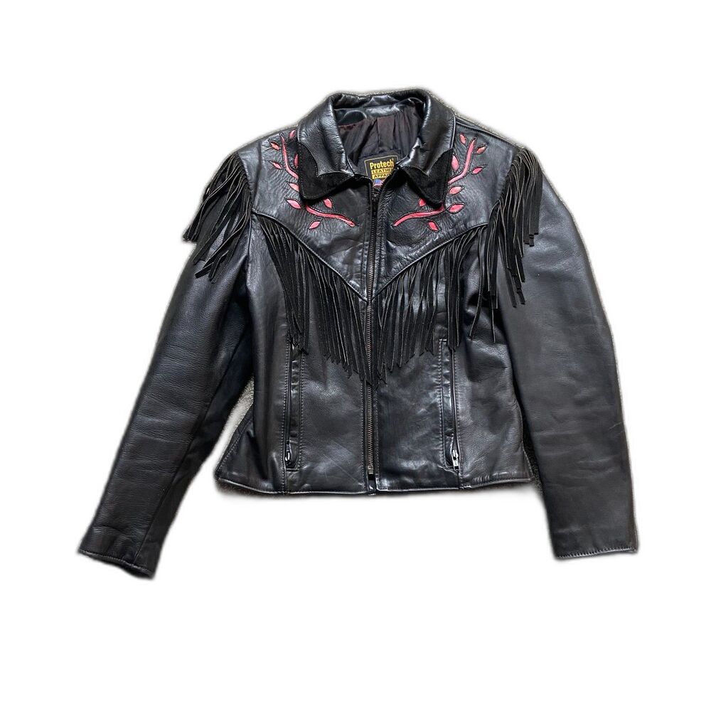VINTAGE PROTECH BIKER LEATHER JACKET BLACK FRINGE ROSE INLAY EMBROIDERED USA 14